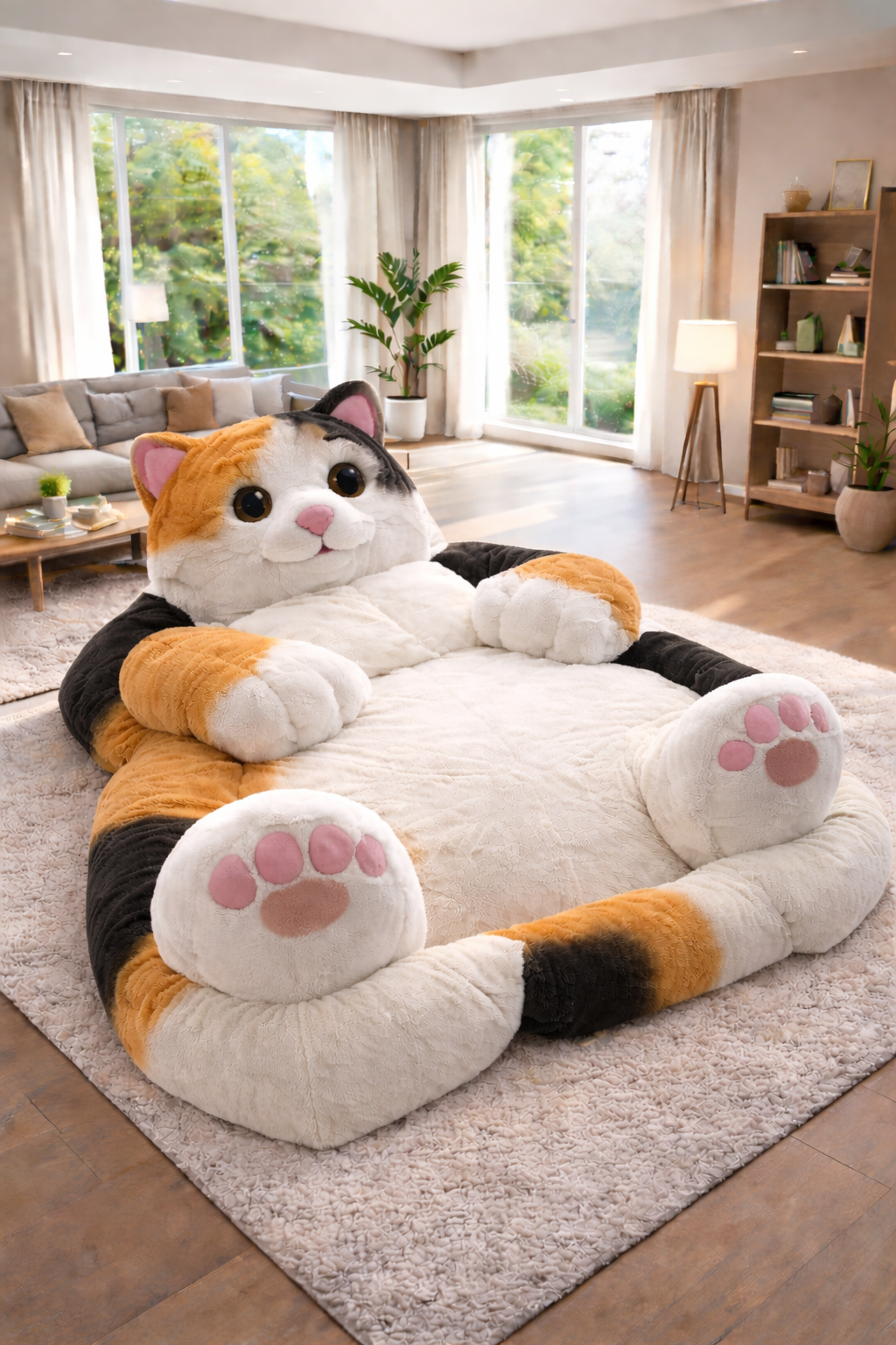 Calico cat-shaped oversized plush bed with white, black and ginger tones