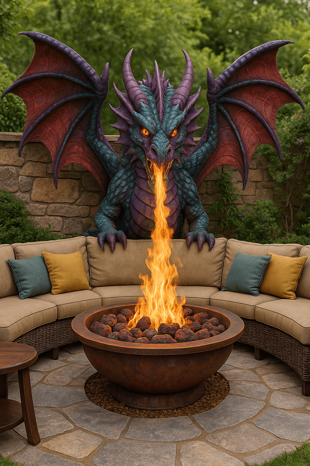 Mythical dragon sculpture breathing fire above a modern outdoor fire pit