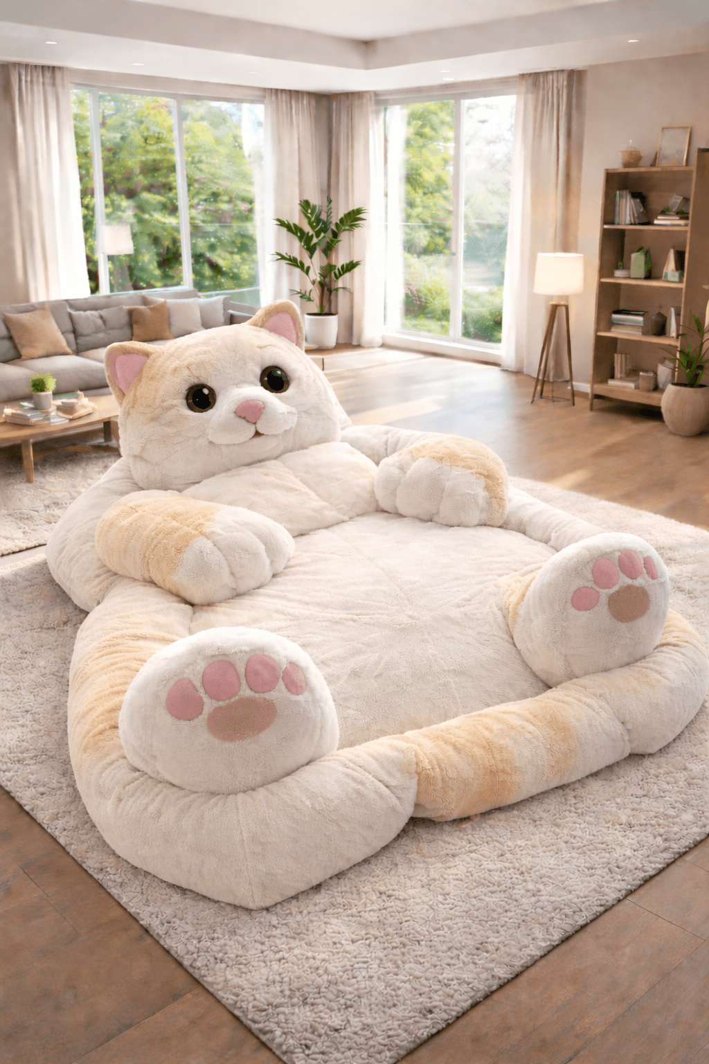 Cream oversized cat-shaped plush bed with soft paws in a bright modern living room