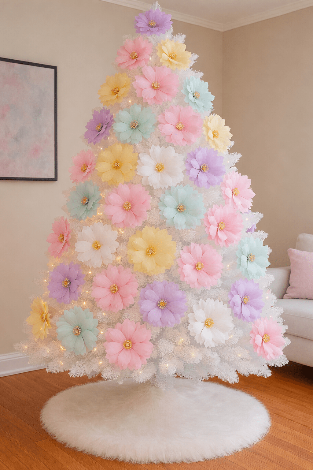 Pastel floral Christmas tree with pink, lilac, mint, and cream flowers on white branches