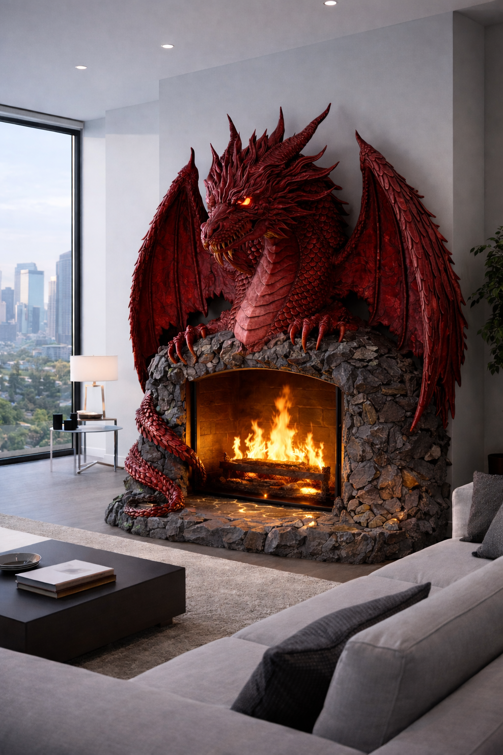 Red dragon fireplace sculpture with glowing eyes above a roaring fire in a modern living space