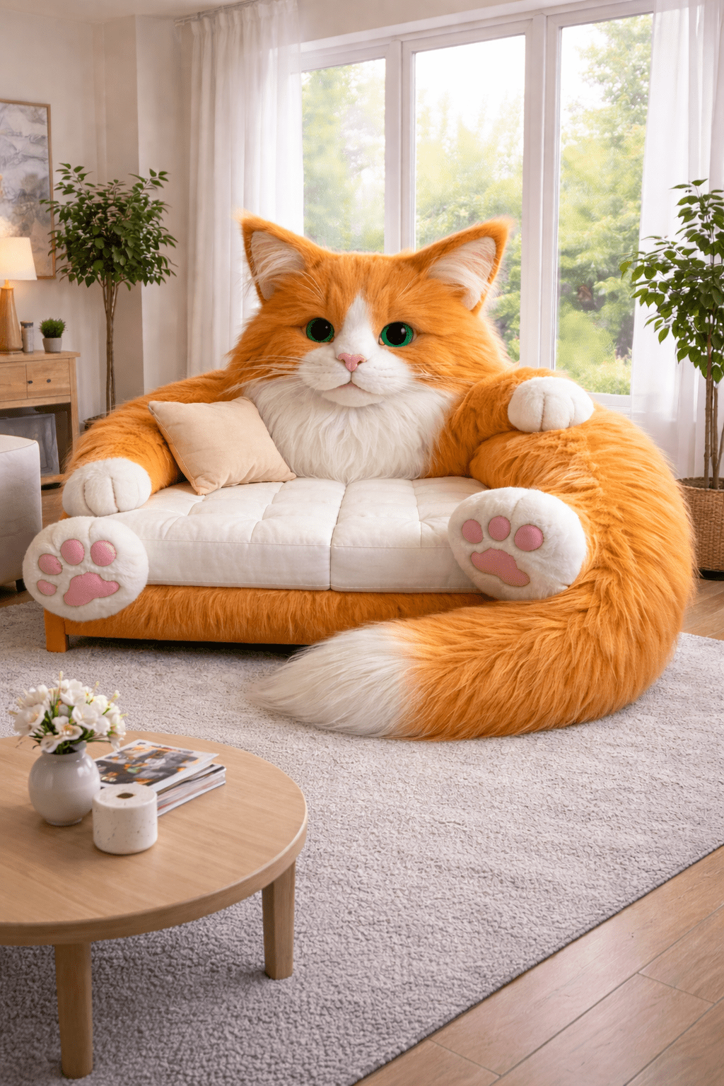 Giant orange cat-shaped sofa featuring soft faux fur and padded seating