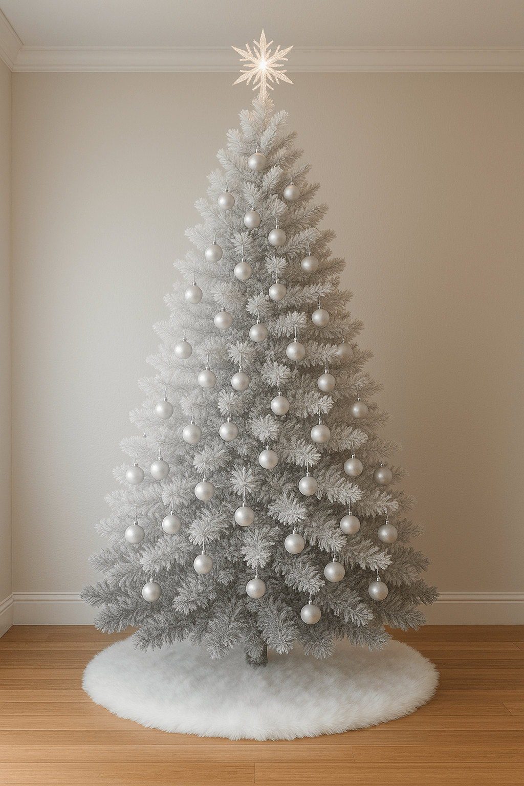 Elegant white frosted Christmas tree with pearl baubles and glowing star topper