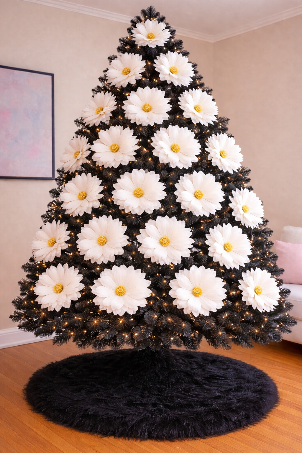 Modern black floral Christmas tree decorated with large white flowers and soft golden lights