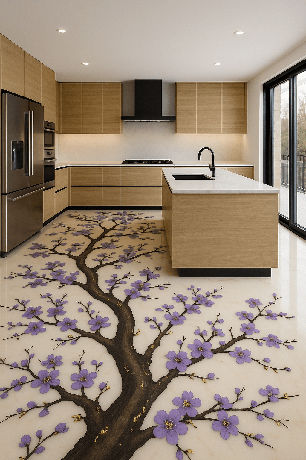 Modern kitchen featuring purple floral tree resin flooring beneath island
