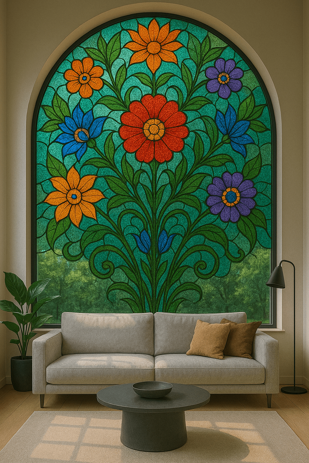 Arched floral stained glass window behind a modern sofa with neutral décor