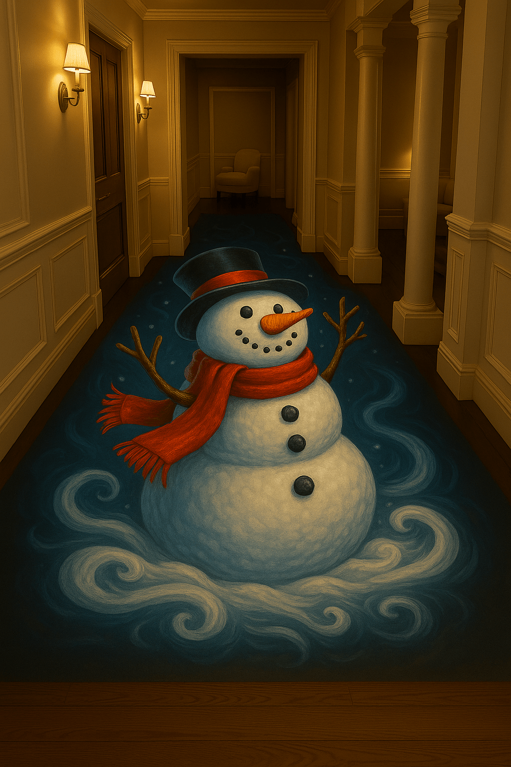 Whimsical Christmas hallway floor illusion featuring a snowman emerging from swirling snow