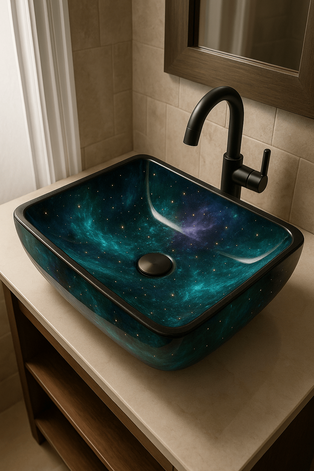 Teal cosmic galaxy bathroom sink with star-speckled nebula pattern on modern vanity