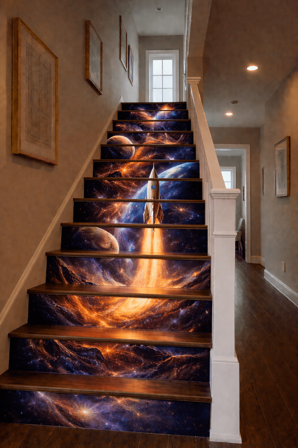 Space-themed staircase with rocket launch artwork rising through swirling galaxies