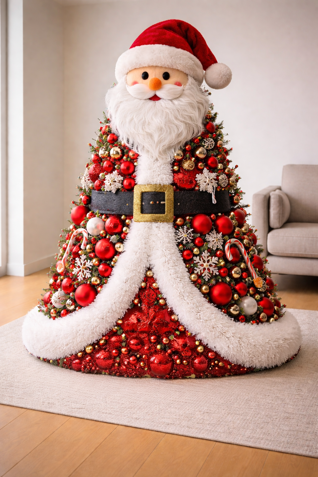Red Santa Christmas tree dress with gold baubles and festive ornaments in a modern living room