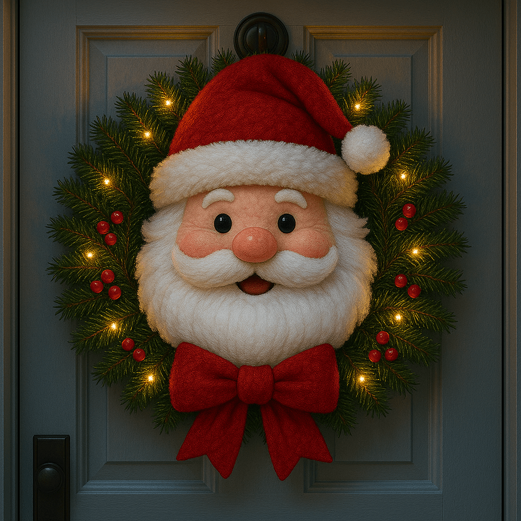 Santa face Christmas character wreath with evergreen foliage and warm fairy lights on a front door