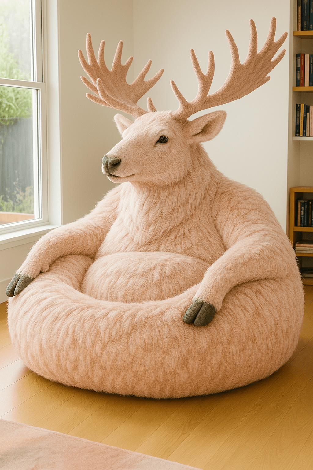 Soft pink oversized reindeer armchair in a modern living room with wooden flooring
