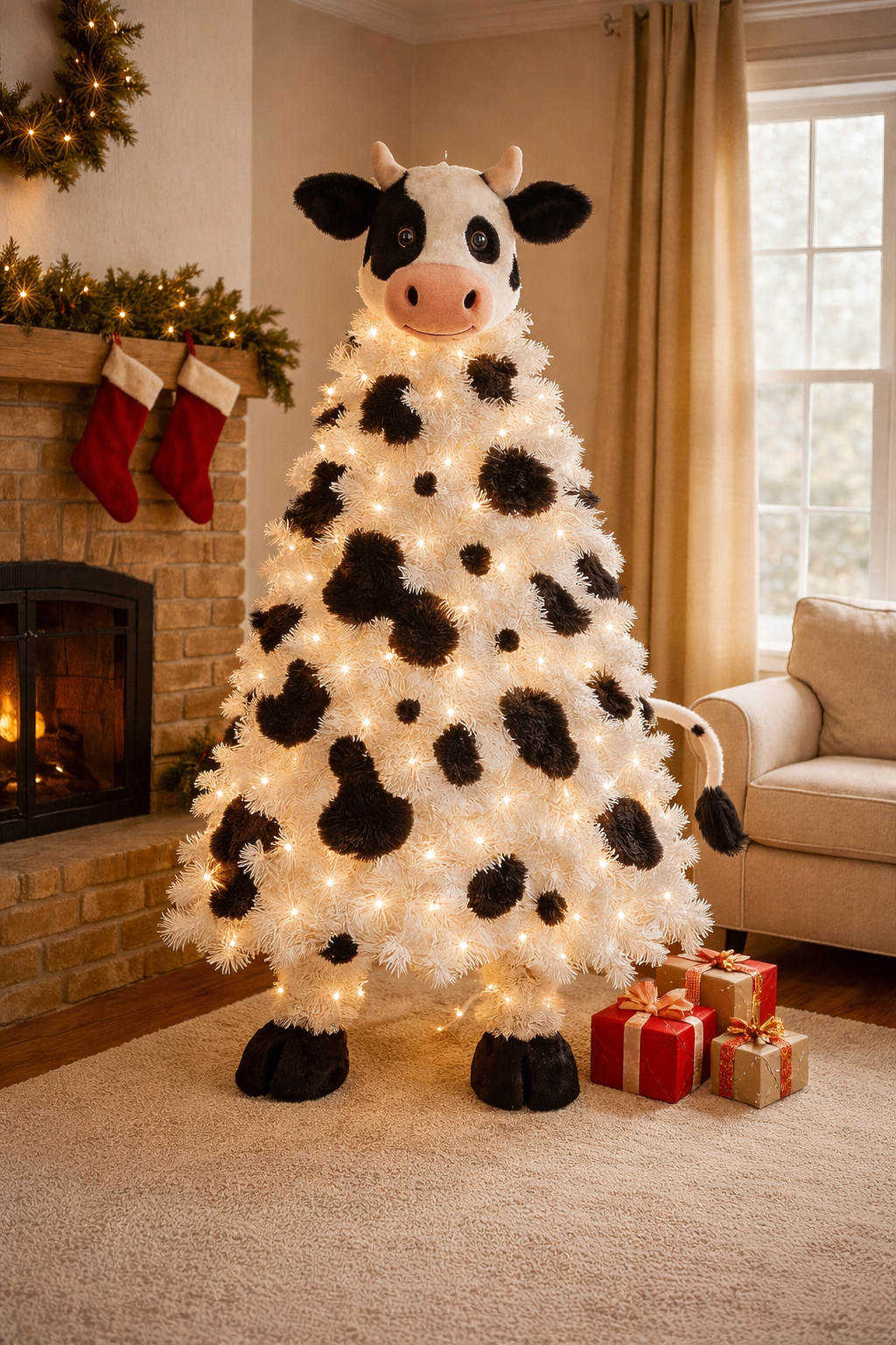 Black and white cow-inspired Christmas tree with fairy lights in a festive living room