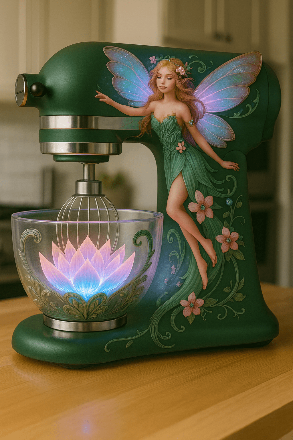Green fairy stand mixer with woodland fairy details and illuminated mixing bowl
