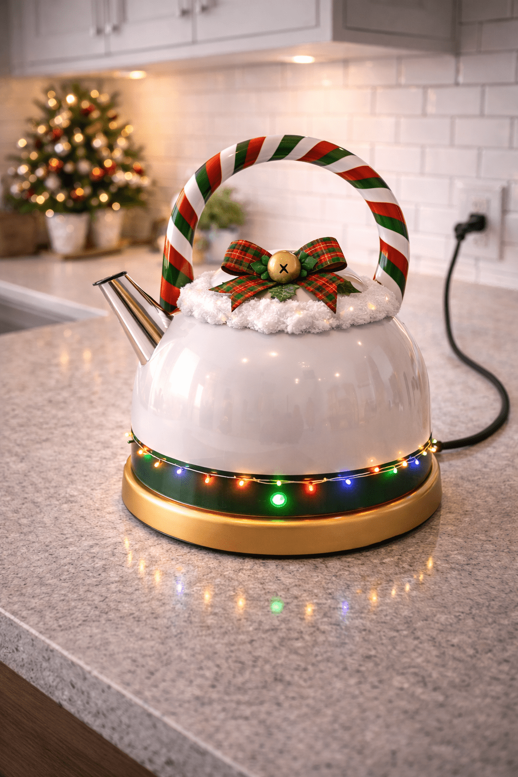 White festive Christmas kettle with candy cane handle and illuminated base on kitchen worktop