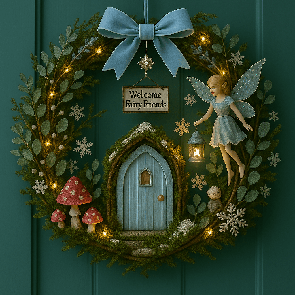 Fairy Christmas wreath with blue fairy door, winter greenery and warm fairy lights