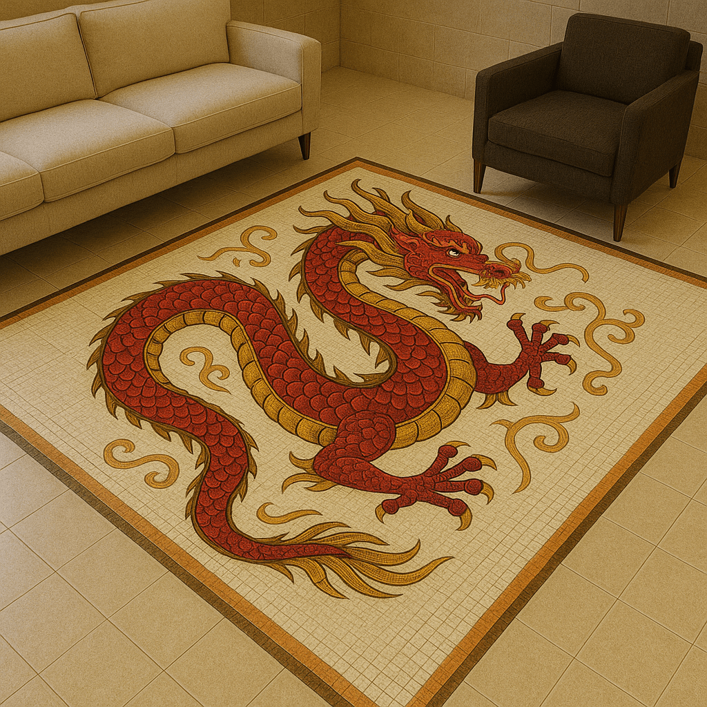 A vibrant red dragon mosaic floor design framed by a decorative border in a minimalist living room.