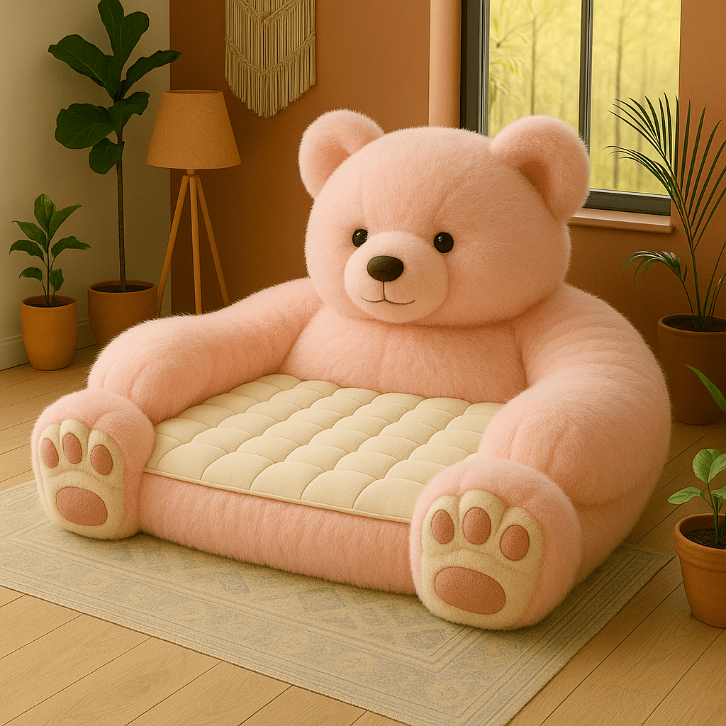 Oversized pink teddy bear armchair with plush seating in a minimal home interior