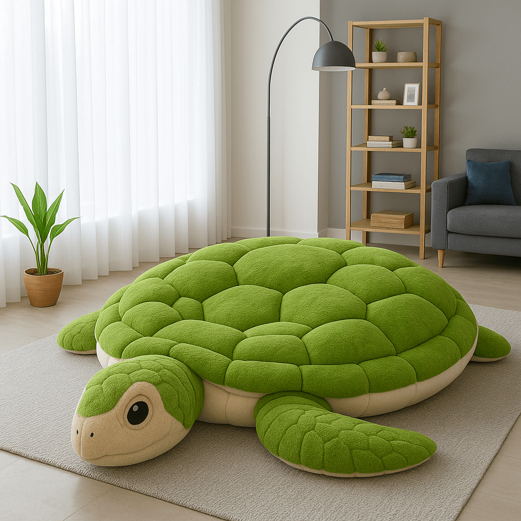Large green turtle-shaped plush floor cushion in a modern living room