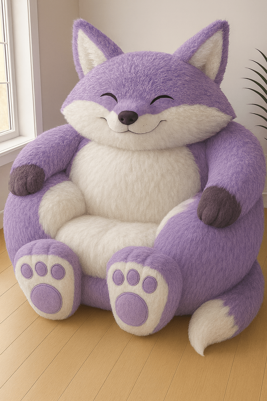 Purple plush fox armchair with oversized cushioned design