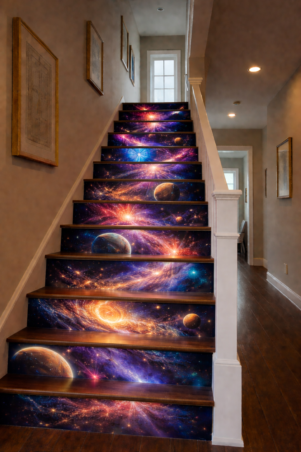 Galaxy staircase design featuring colourful nebula clouds, glowing planets, and deep space imagery
