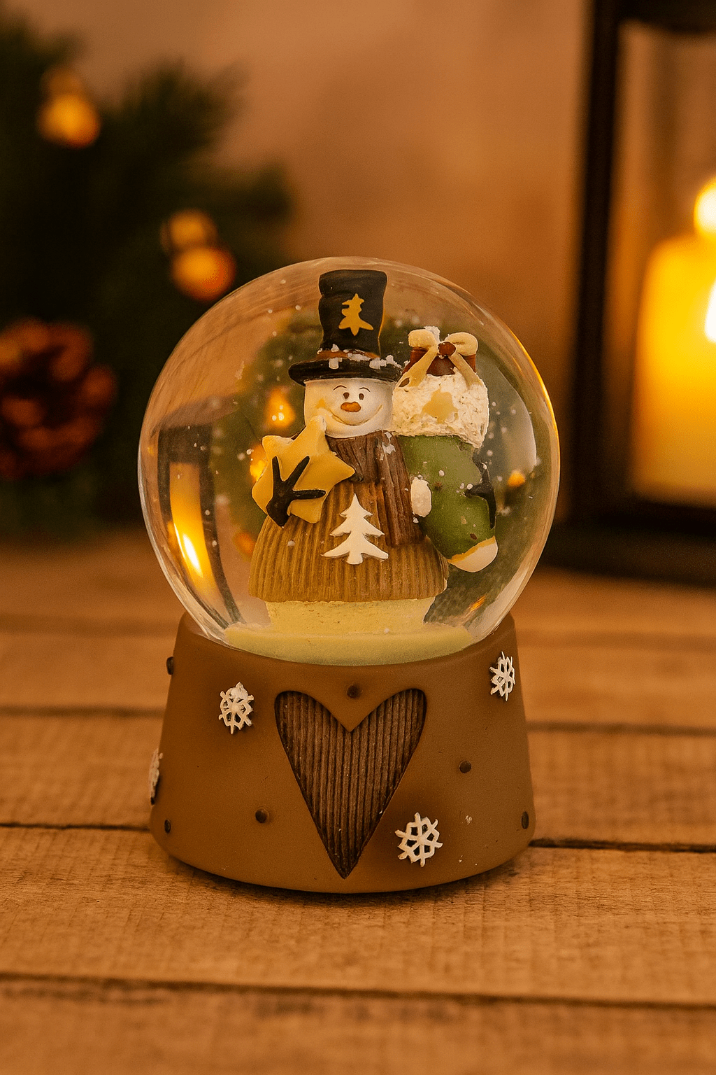 Decorative Christmas snow globe with snowman figure and cosy festive lighting