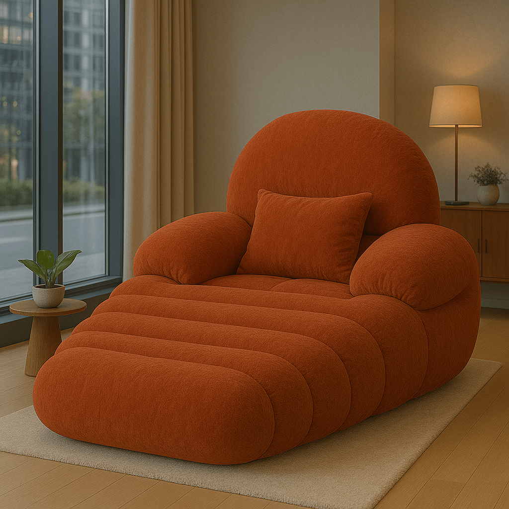 A cosy burnt orange oversized lounge chair in a minimalist living room with warm lighting.