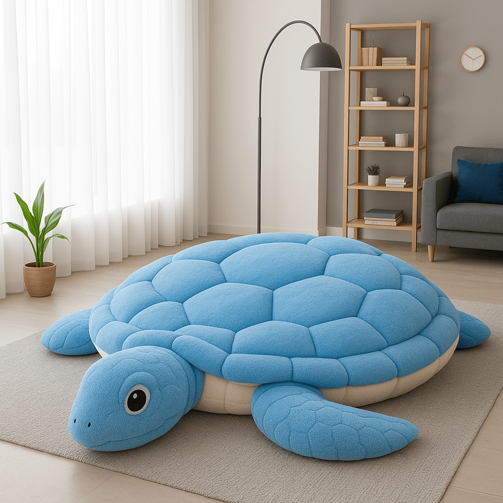 Blue turtle-shaped oversized floor cushion for relaxed seating