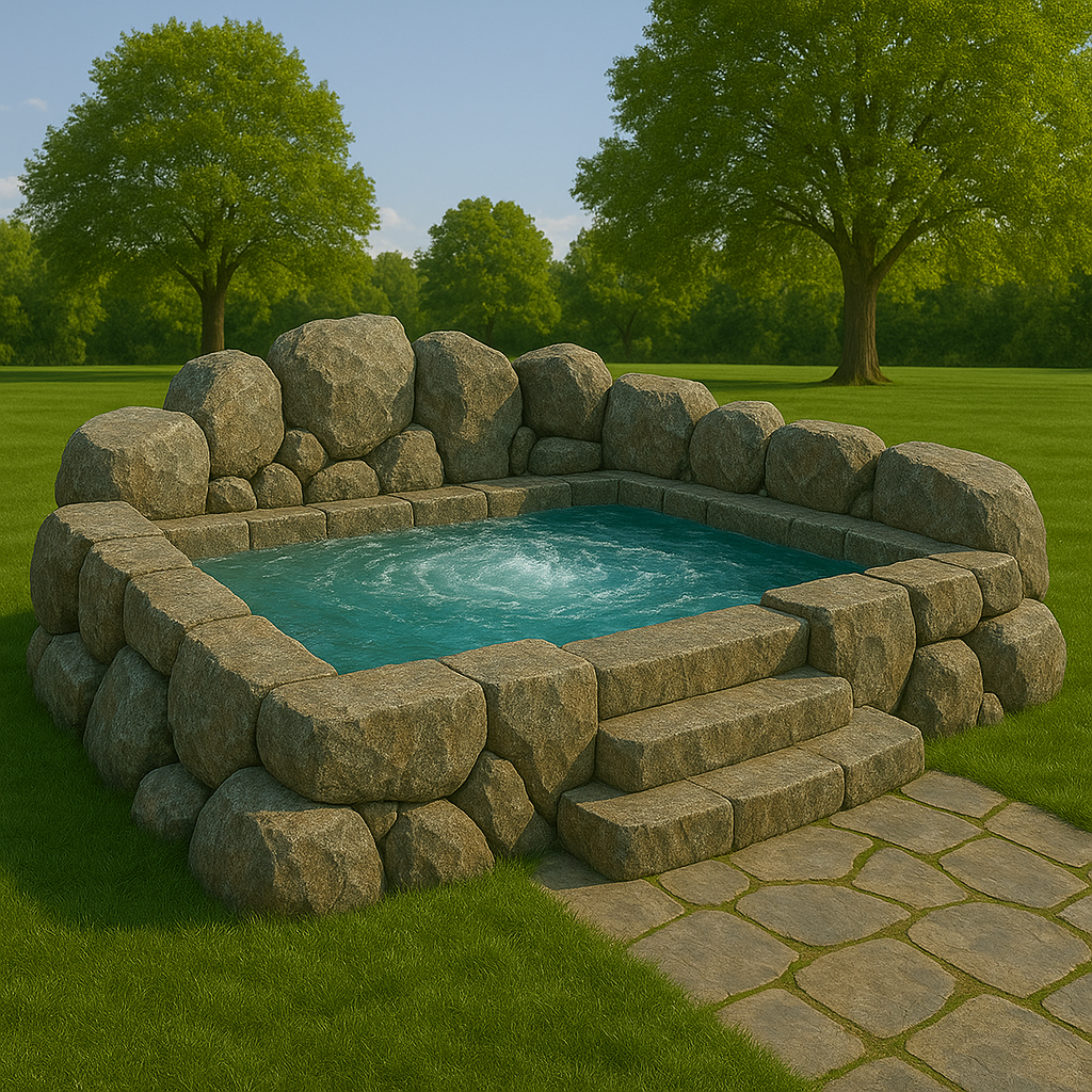 Rectangular stone garden hot tub with built-in stone seating