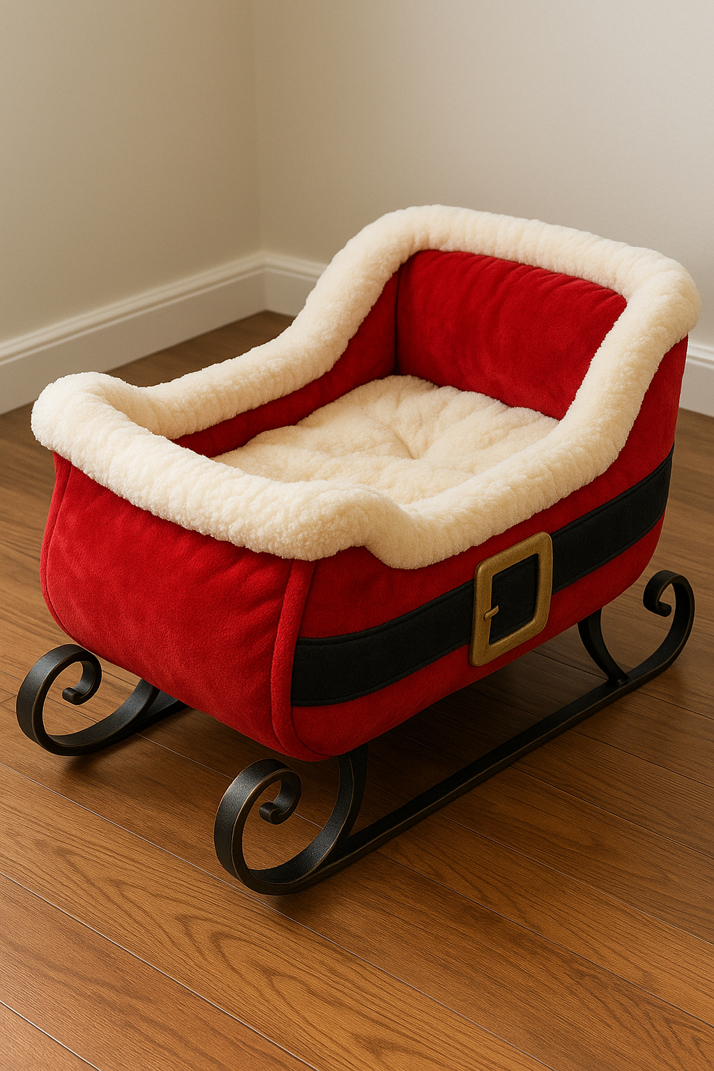 Red Santa sleigh pet bed with cream fleece interior and festive design