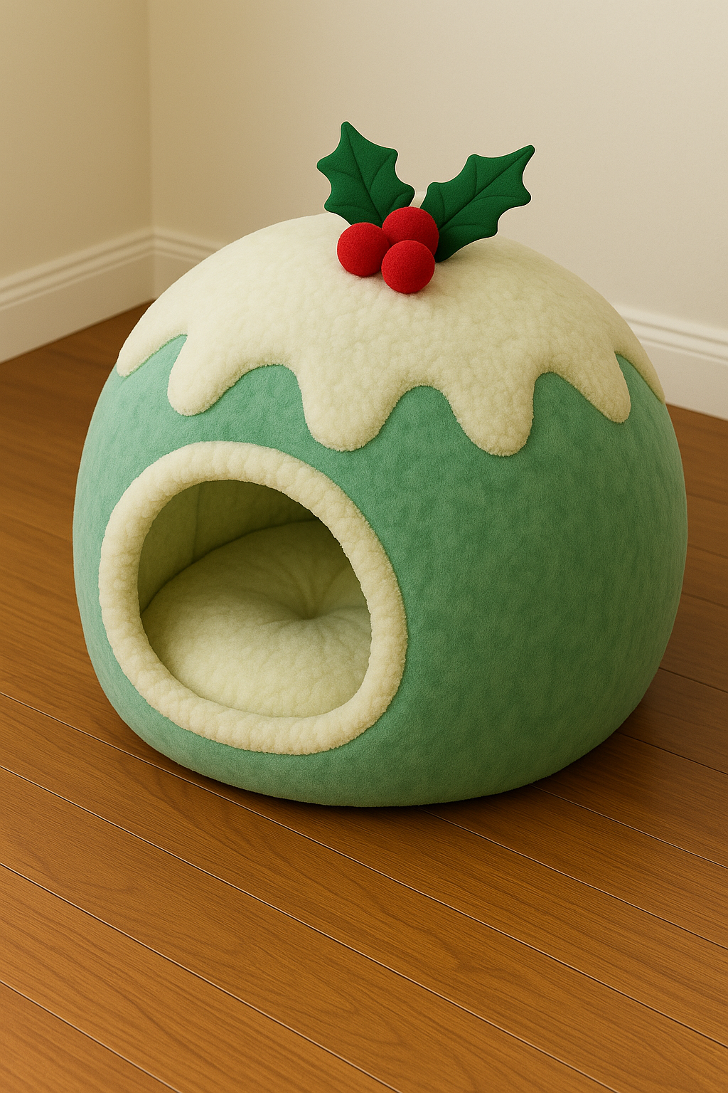 Green Christmas pudding cat bed with cosy enclosed interior and holly decoration