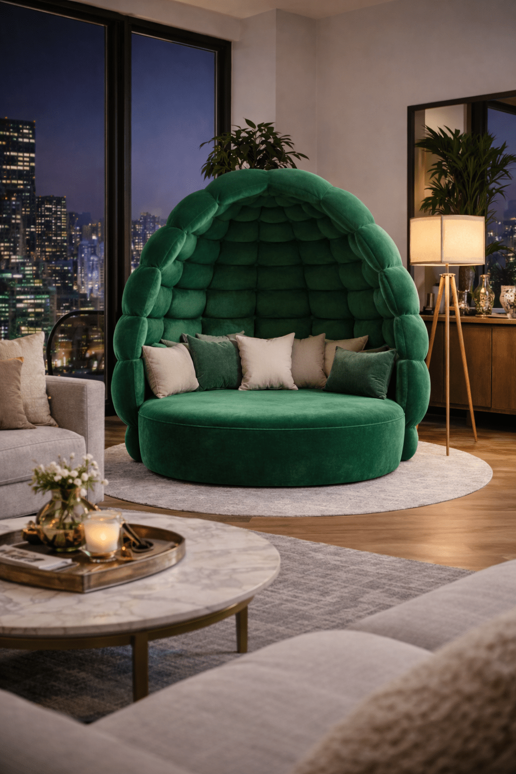 Deep green plush cocoon lounge chair with round seat in a contemporary apartment