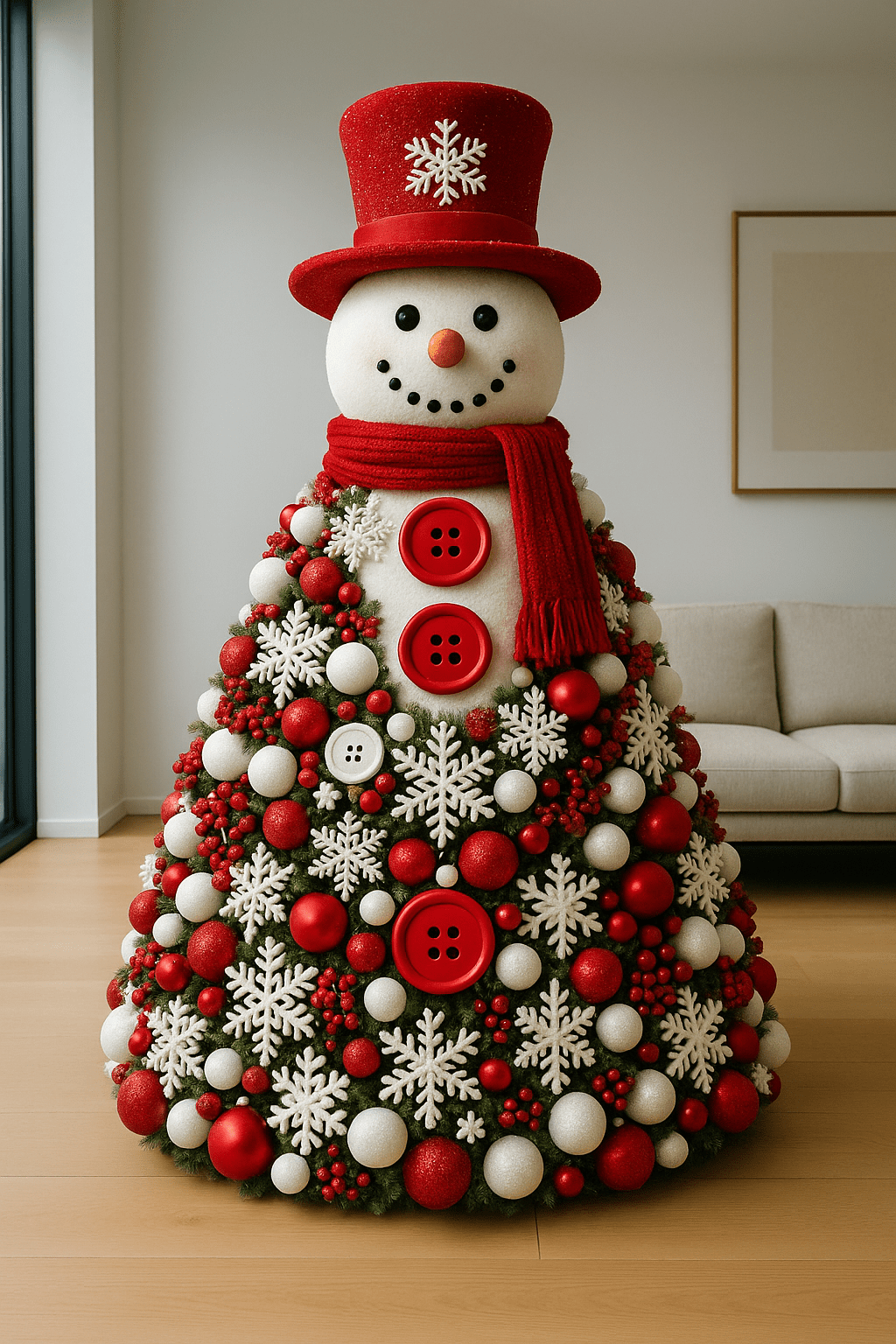 Traditional red snowman Christmas tree decorated with festive baubles and snowflakes