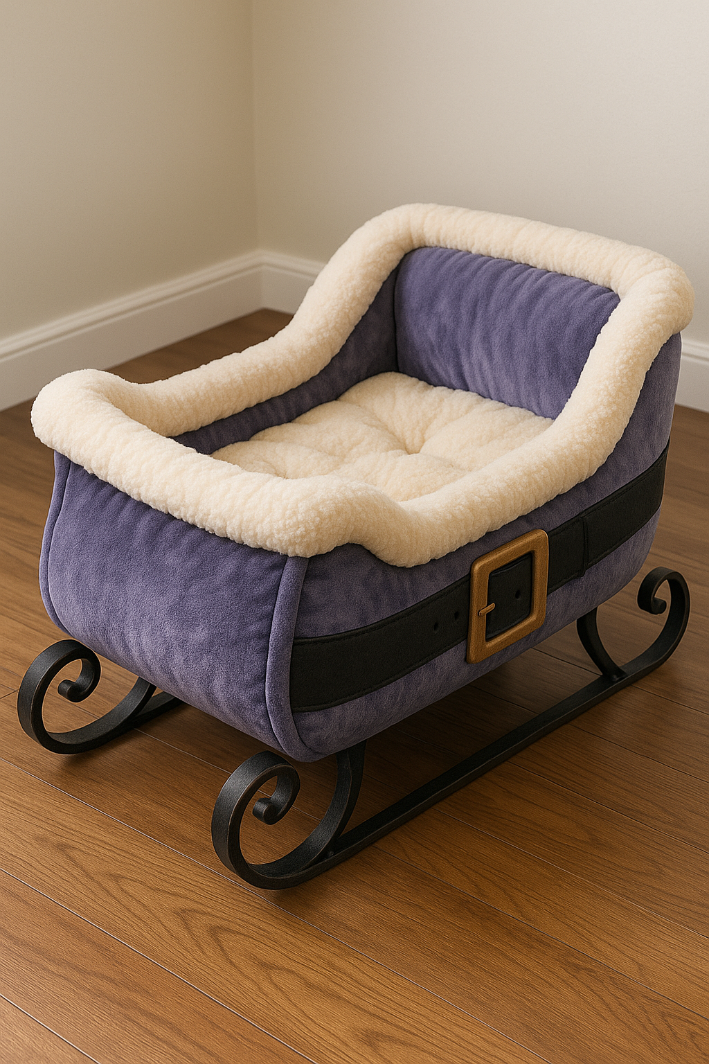Purple Santa sleigh pet bed with plush fleece lining and metal runners