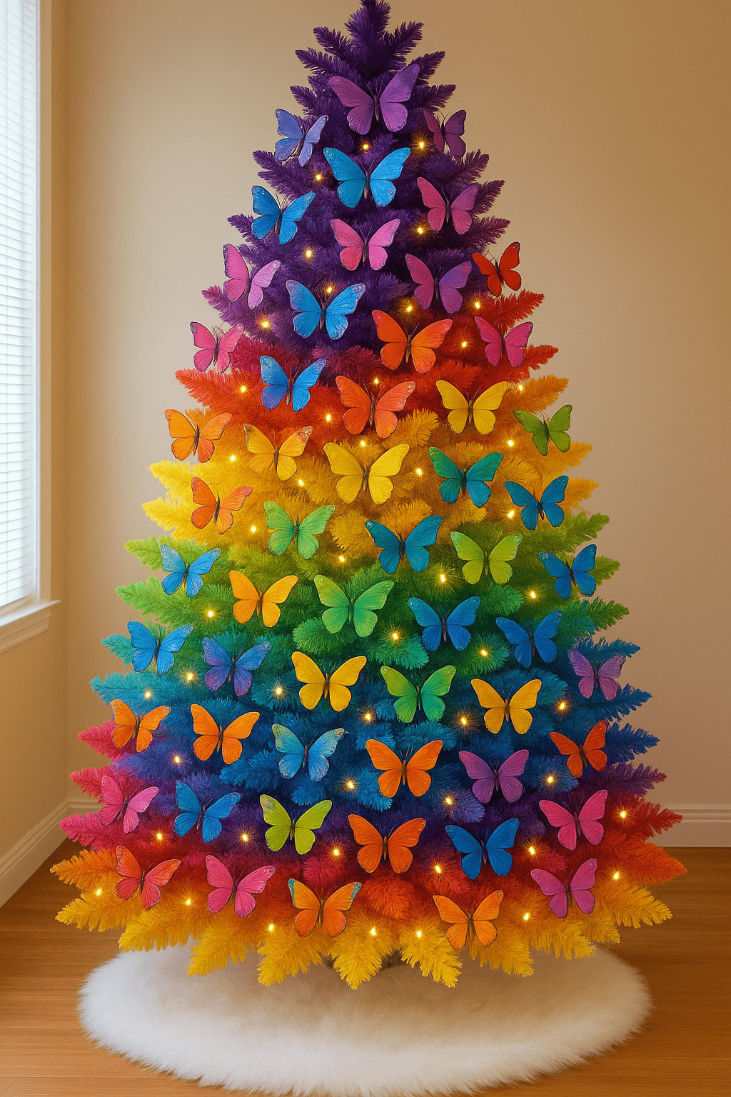Rainbow coloured Christmas tree adorned with multicoloured butterfly ornaments