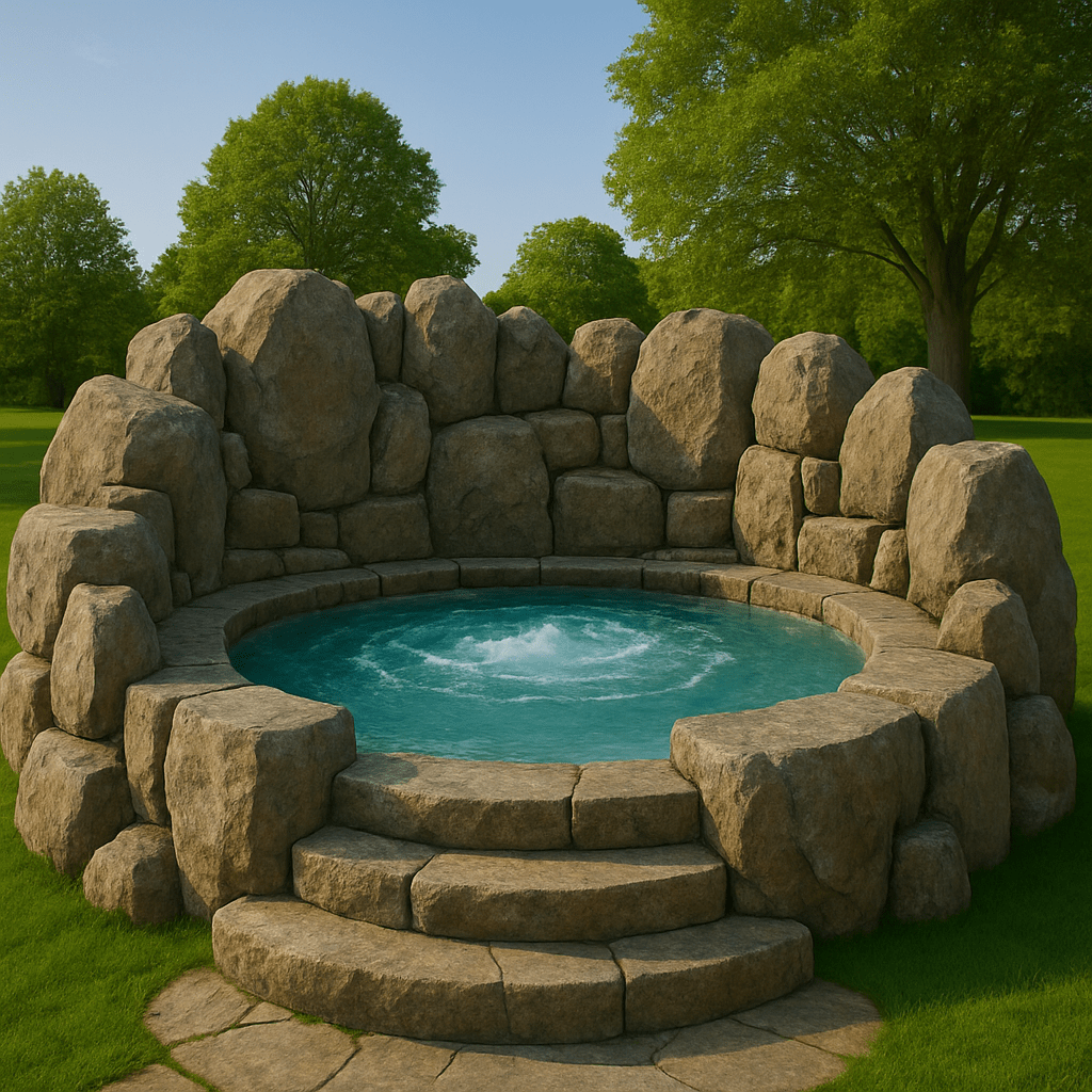 Stone outdoor hot tub with steps and tall rock wall surround