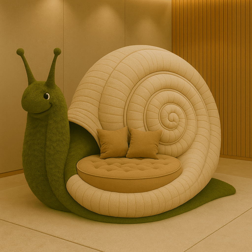 Oversized cream and green snail-shaped armchair with plush seating in a modern interior