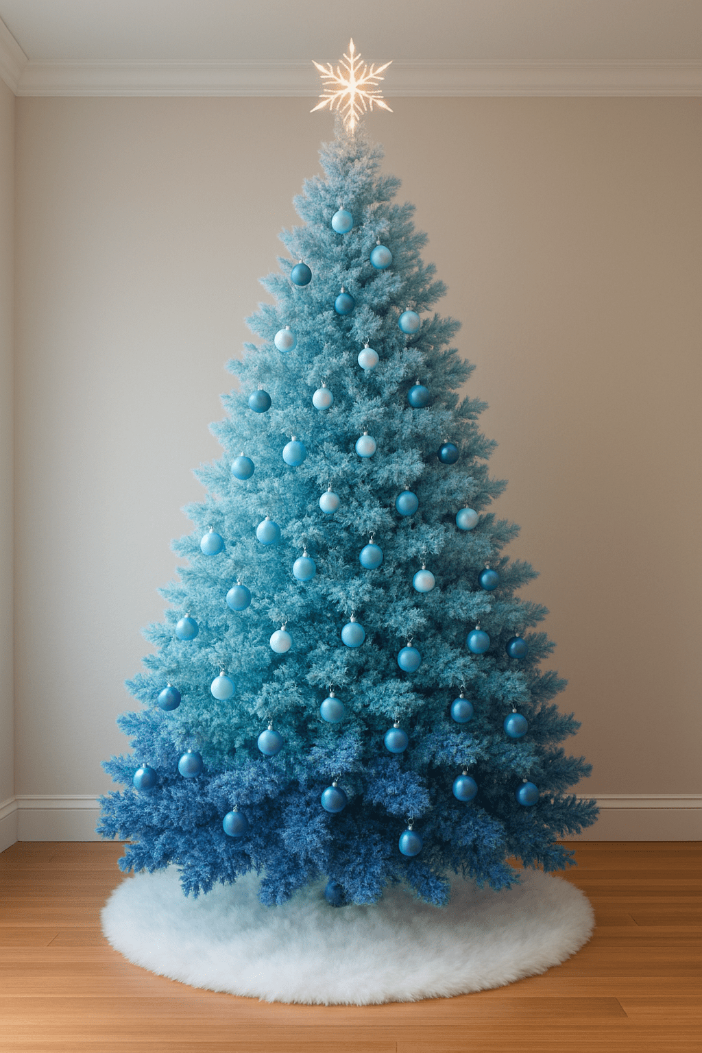 Modern blue Christmas tree decorated with light and dark blue baubles