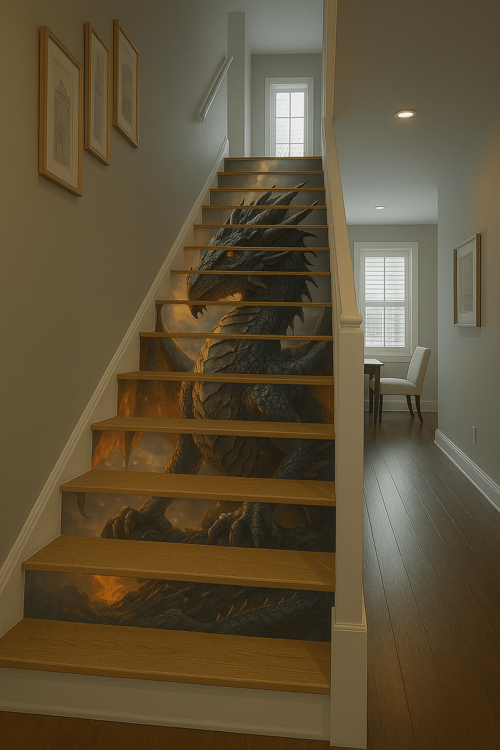 Fire dragon vinyl staircase risers creating a dramatic fantasy hallway feature