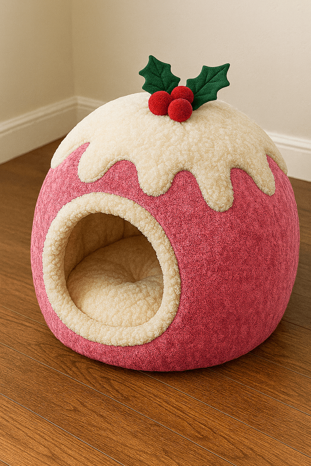 Pink Christmas pudding cat bed with plush fleece interior and festive holly topping