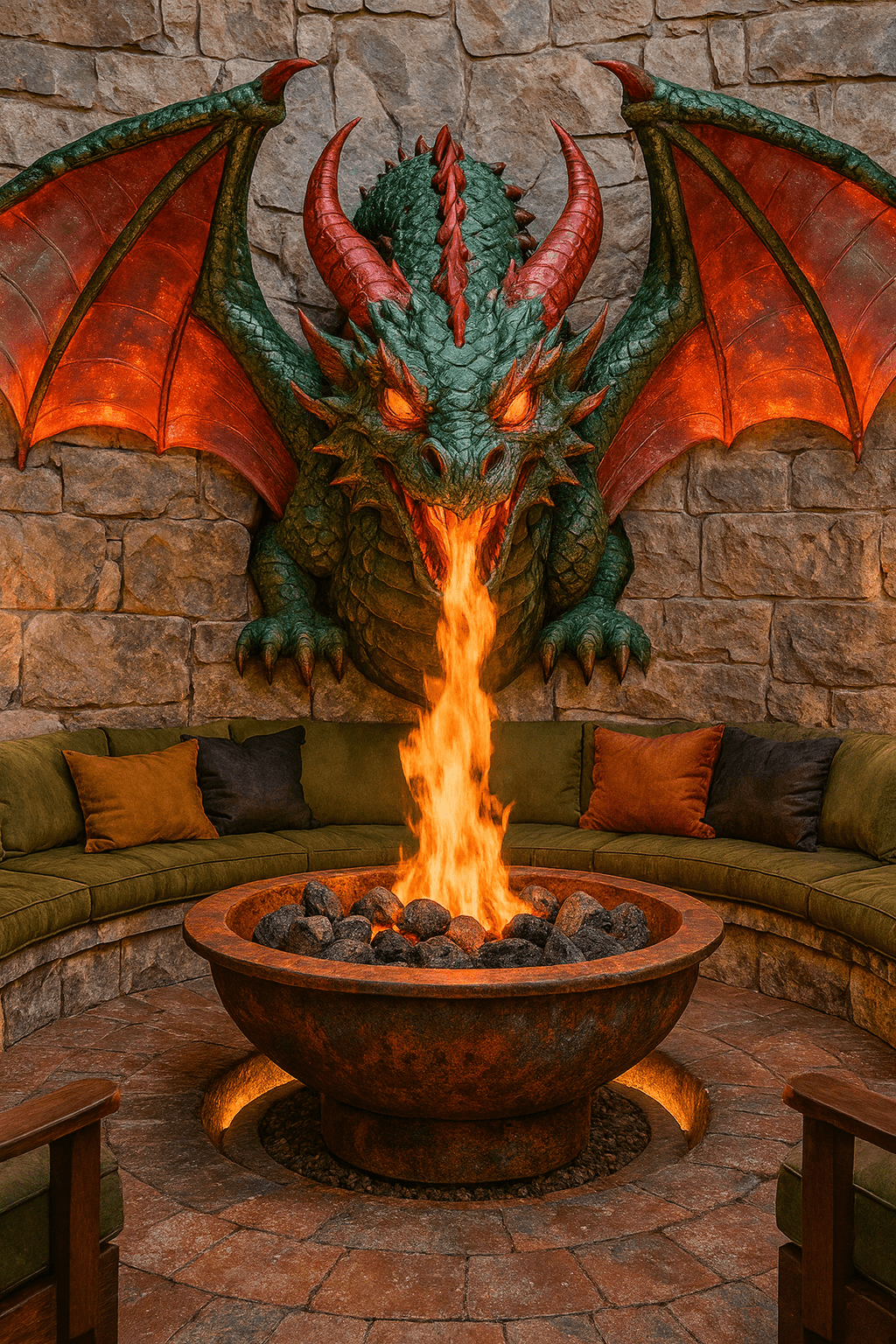 High-end garden seating arranged around a dragon-inspired fire pit