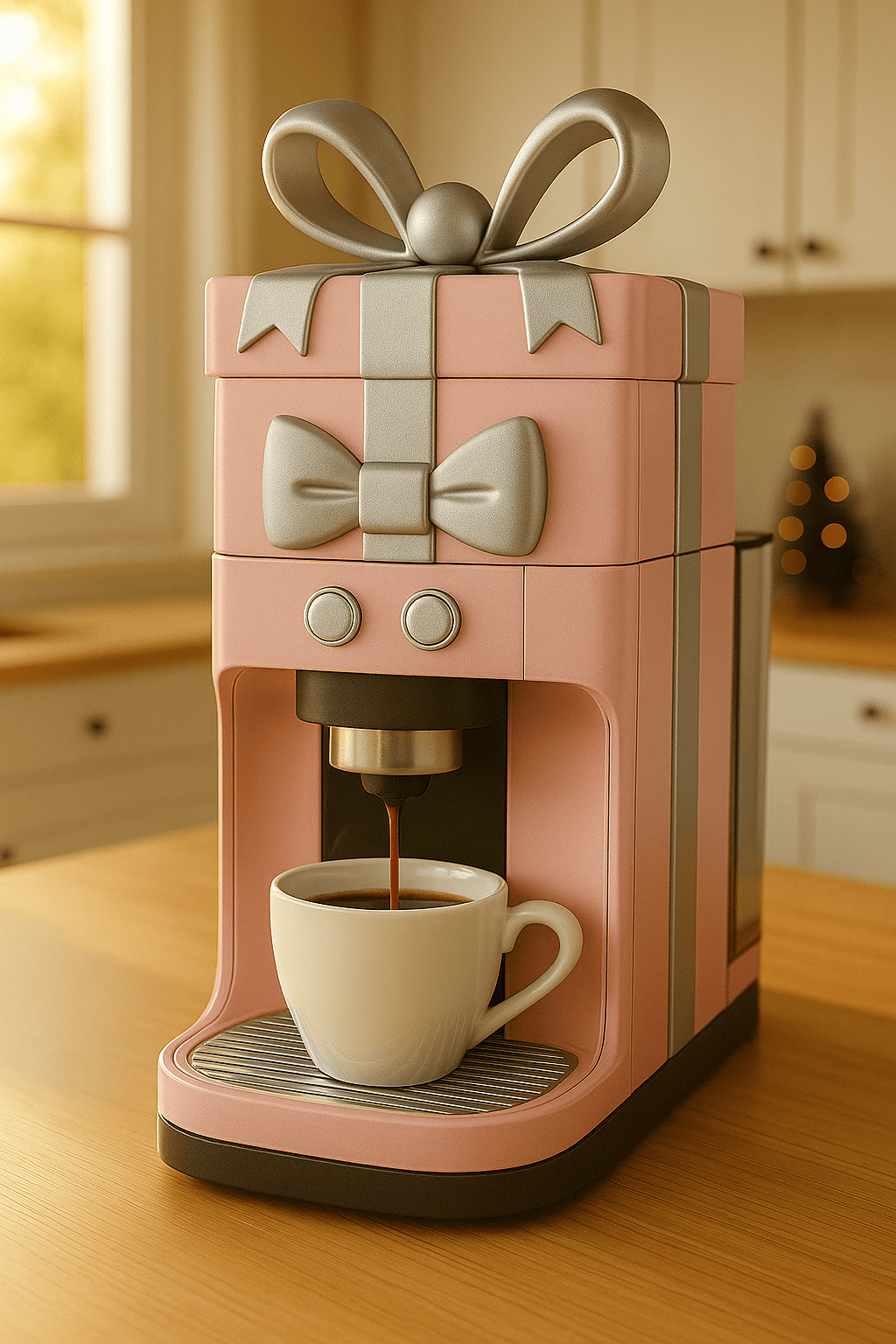 Pink gift-shaped coffee machine with silver ribbon brewing espresso