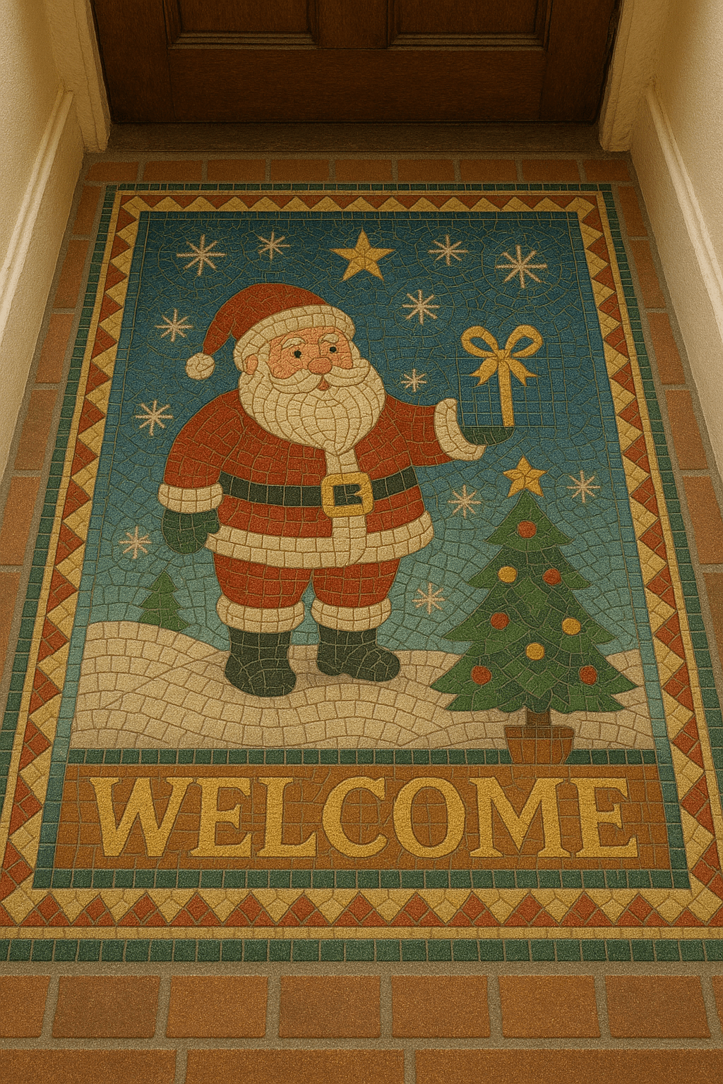 Festive Santa welcome mosaic floor with Christmas tree, snowflakes, and holiday greeting