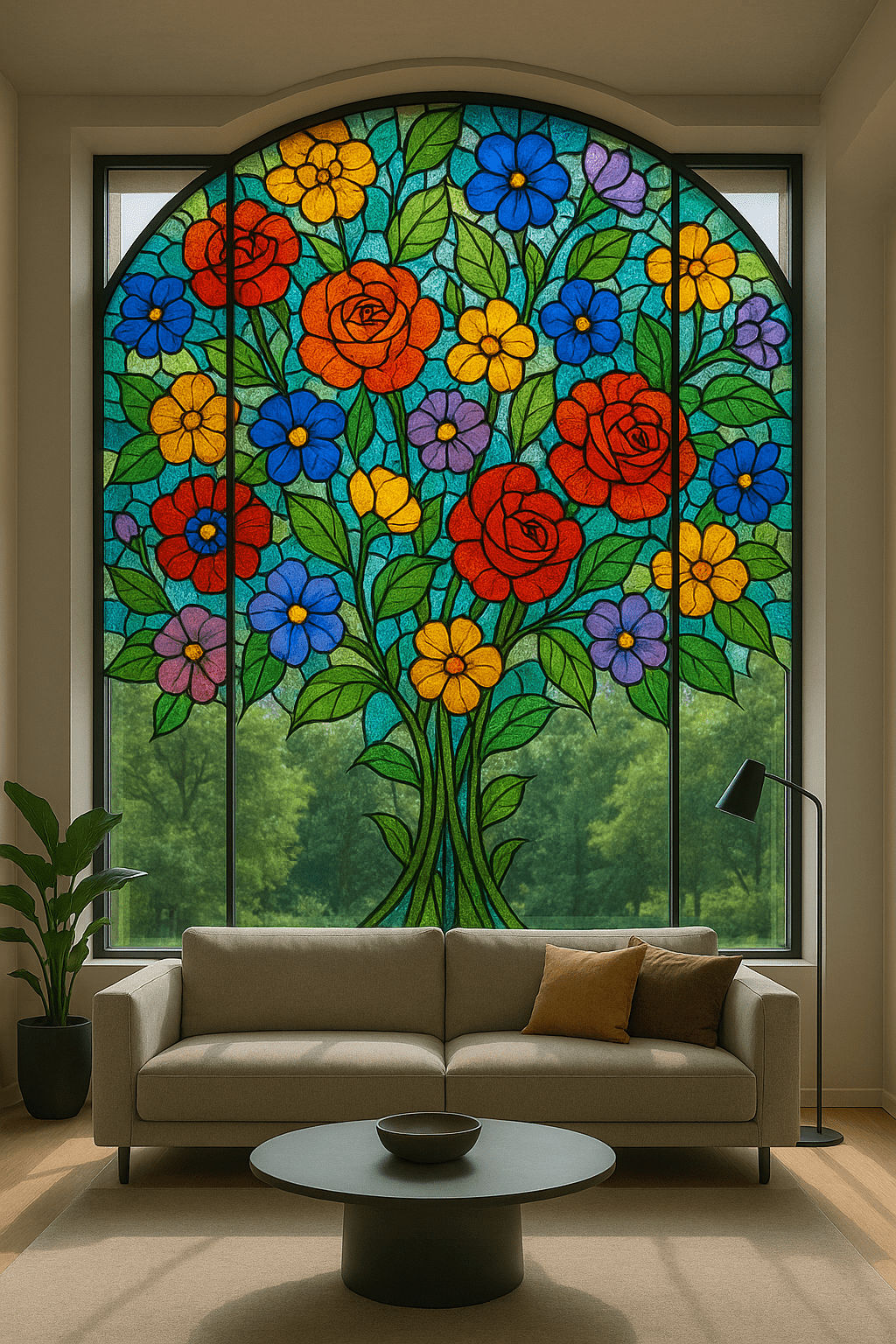 Vibrant floral stained glass window adding colour to a contemporary living space