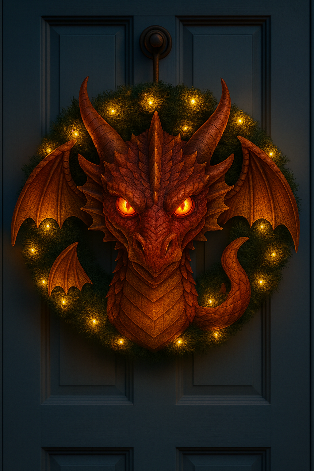 Red dragon Christmas wreath featuring illuminated eyes, pine greenery and golden lights on a dark door