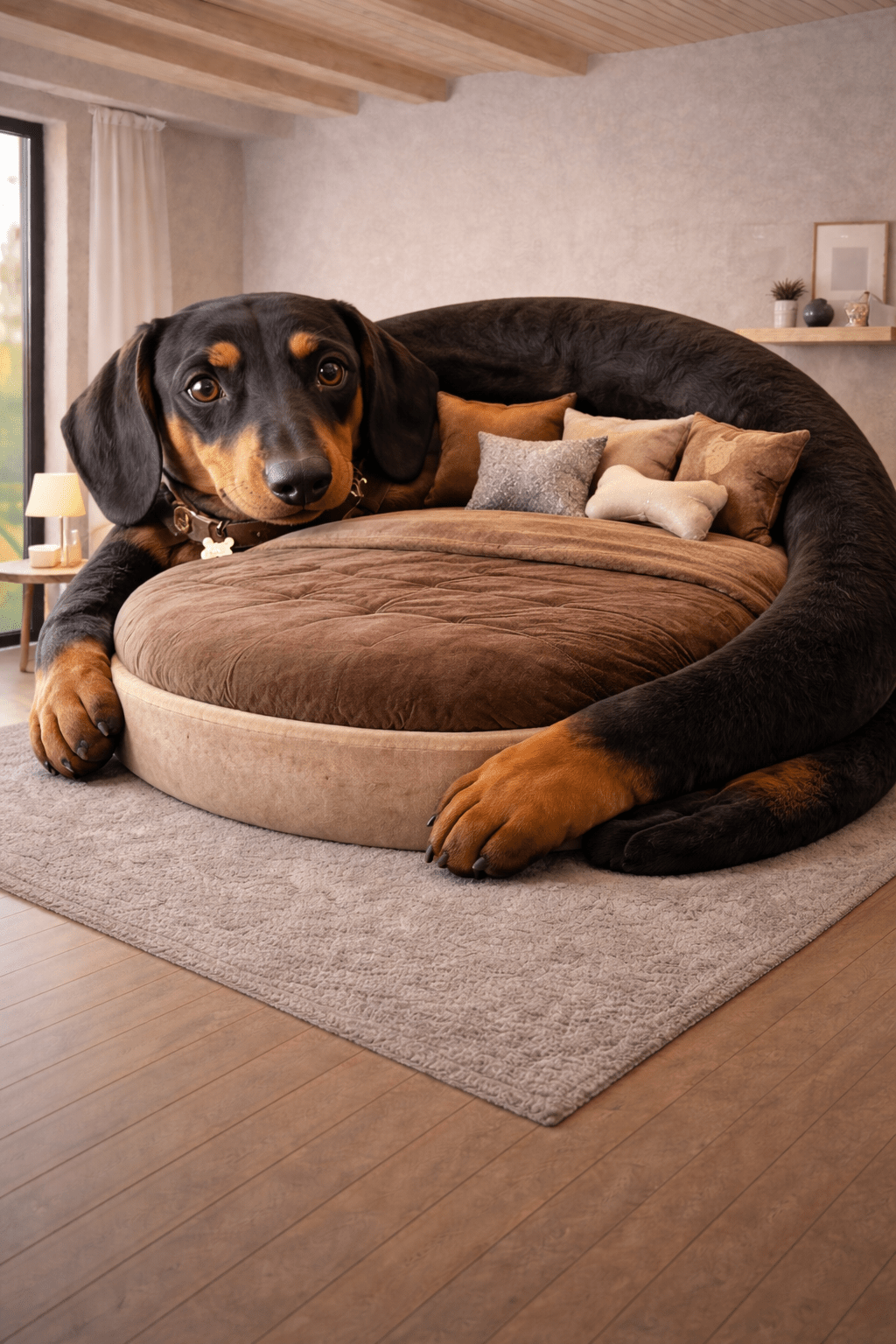 Oversized dachshund-shaped bed with plush round mattress in a modern neutral bedroom