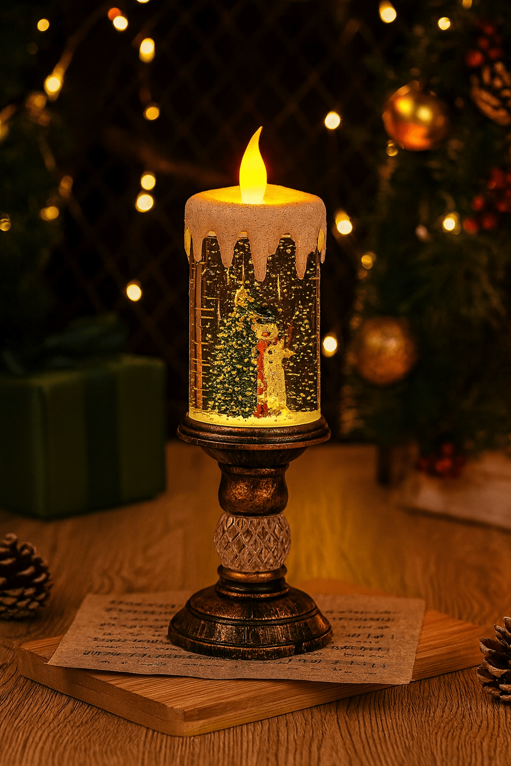 Illuminated Christmas candle globe featuring a snowy winter scene and warm LED flame