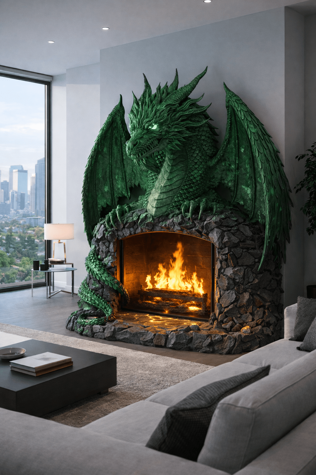 Green dragon fireplace sculpture wrapped around a stone fireplace in a modern luxury living room