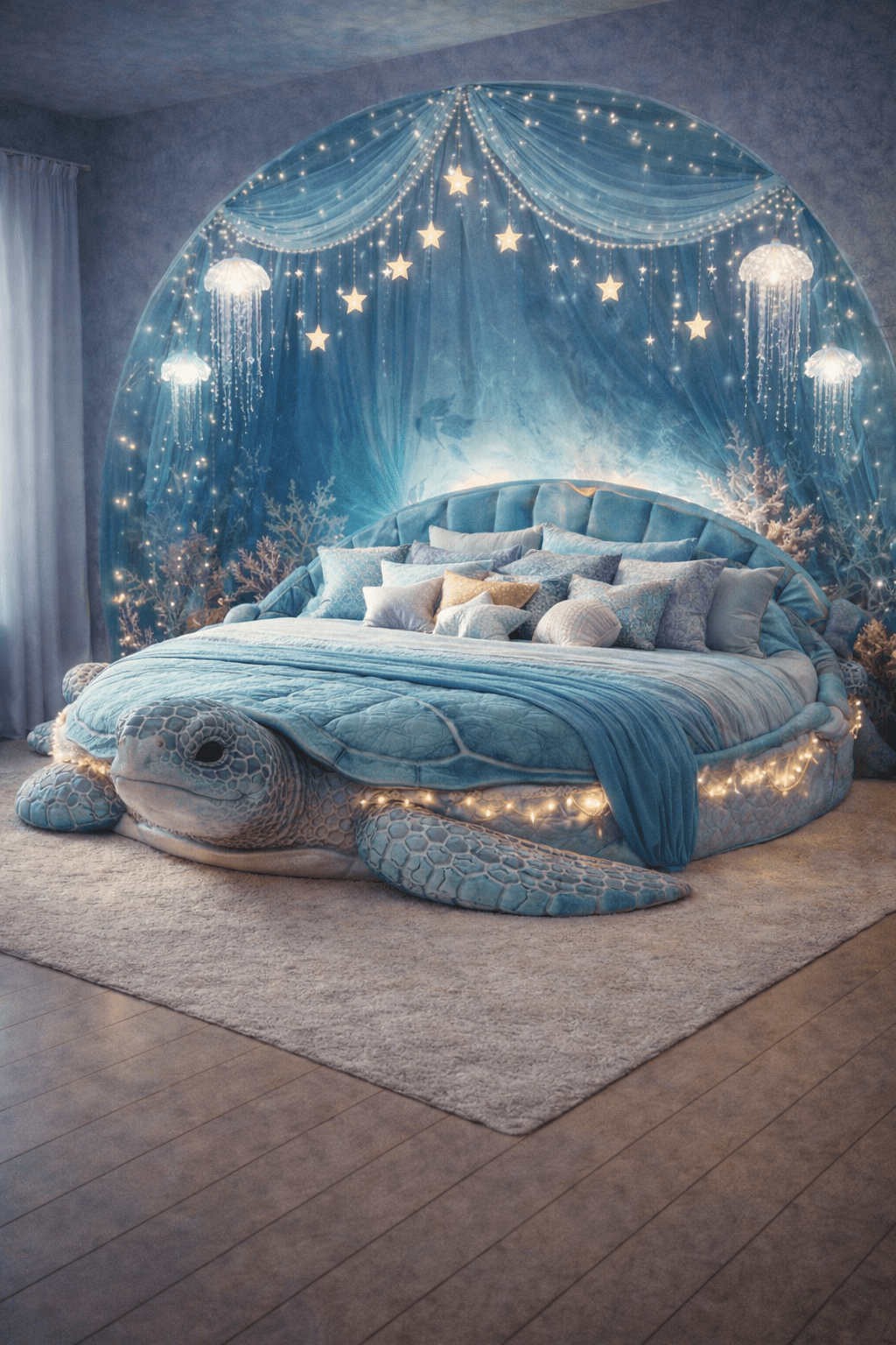 Turtle-shaped statement bed with glowing lights and calm ocean-themed bedroom design