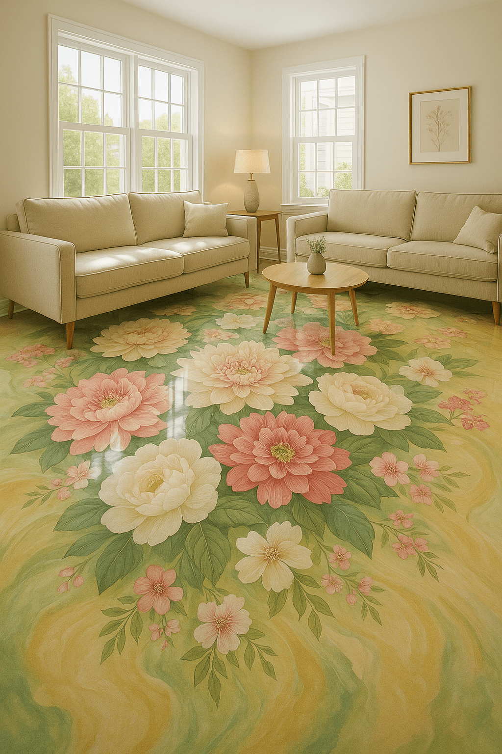 pastel floral resin floor in a modern living room with neutral furniture